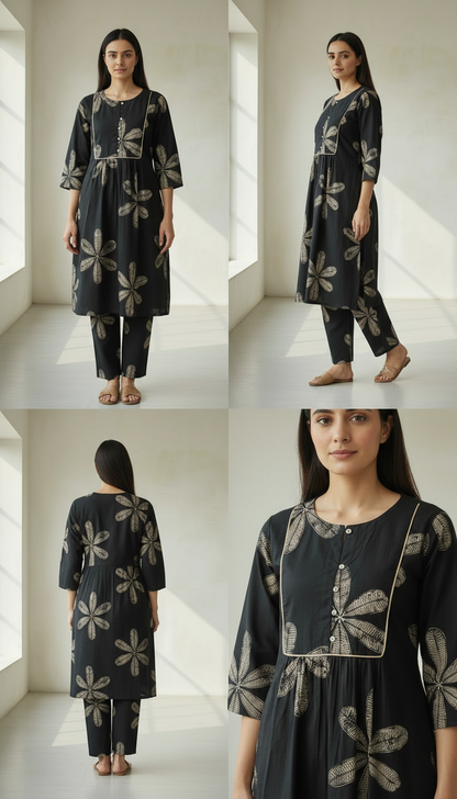 Ekisha's women black floral designer printed cotton co-ord set lounge wear, 4 poses