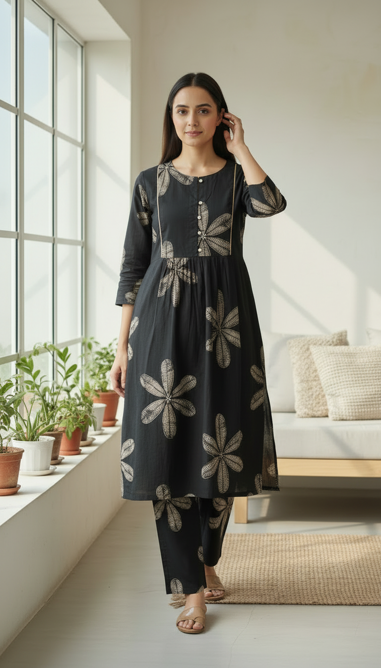 Ekisha's women black floral designer printed cotton co-ord set lounge wear, front view 3