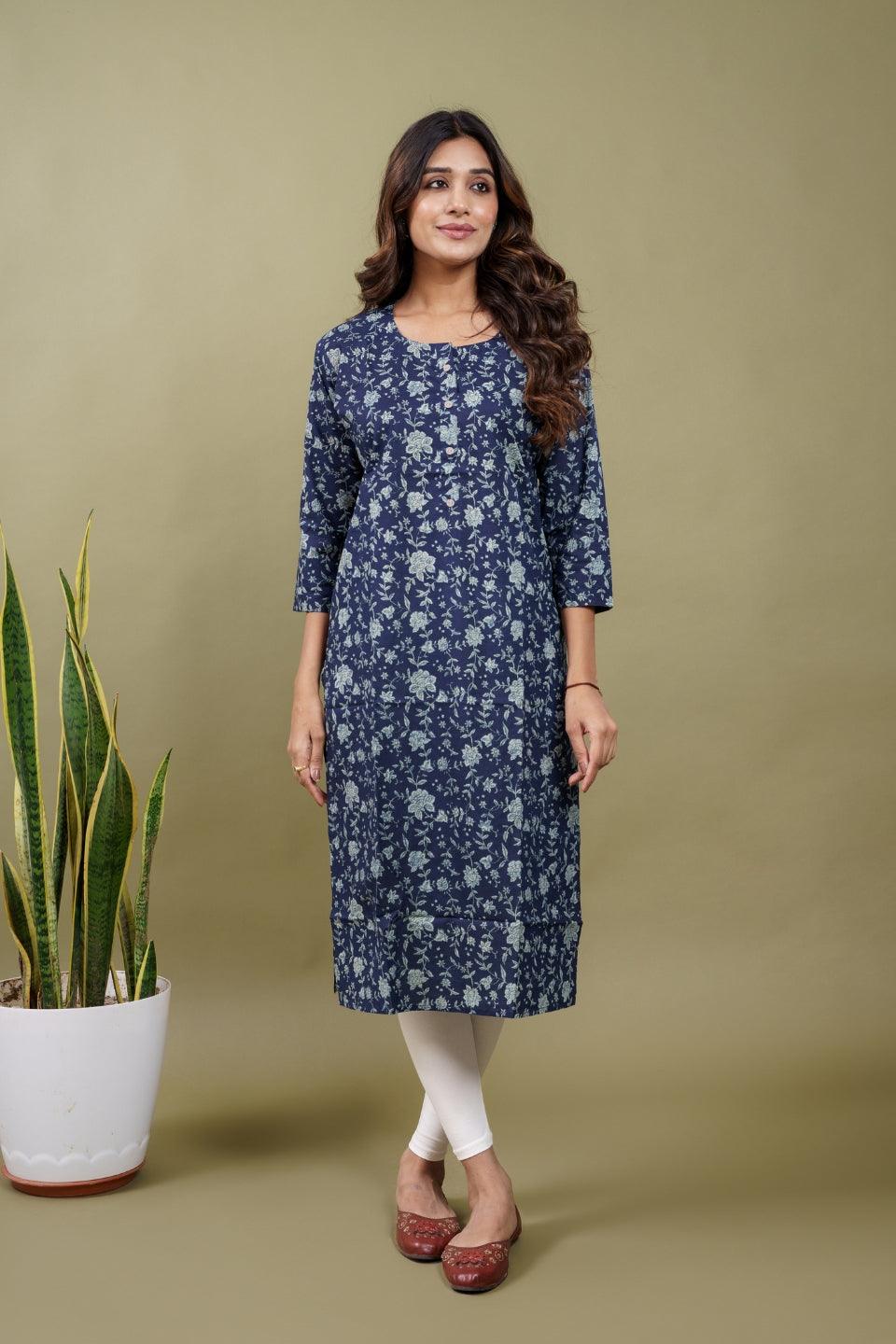 Ekisha women's blue beautiful designer printed multicolor floral printed straight kurta kurti - Ekisha