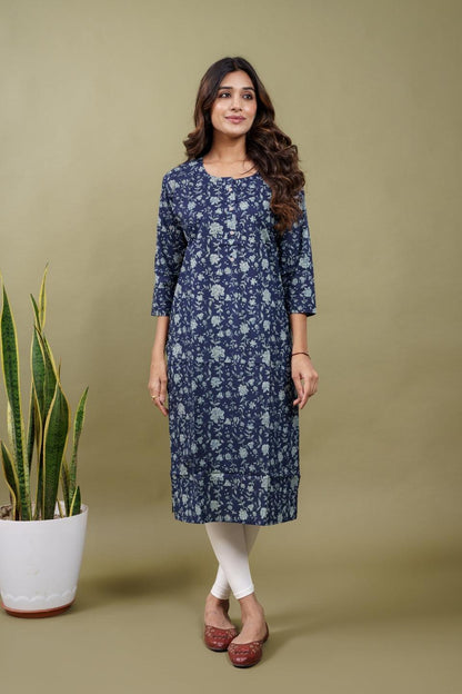 Ekisha women's blue beautiful designer printed multicolor floral printed straight kurta kurti - Ekisha