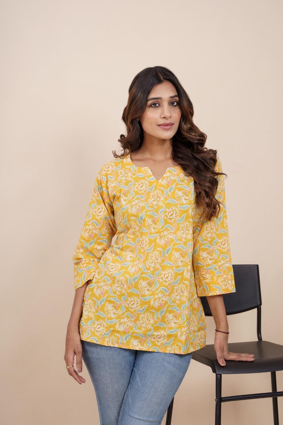 Ekisha's women yellow beautiful designer floral printed cotton tunic top short kurti - Ekisha