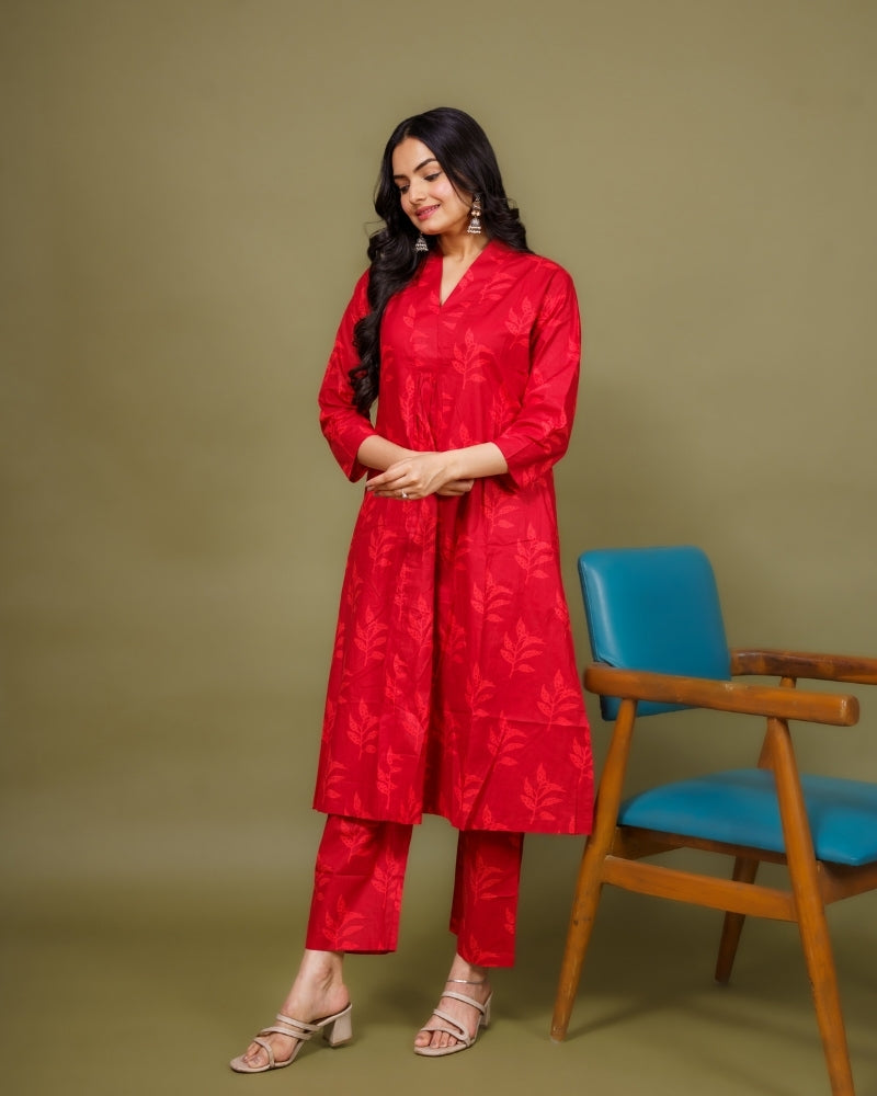 Ekisha's women red multicolor floral printed cotton co-ord set lounge wear, side view