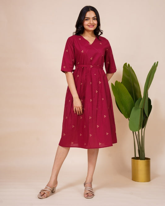 Ekisha's women dark wine printed V neck pure cotton midi dress, front view 1