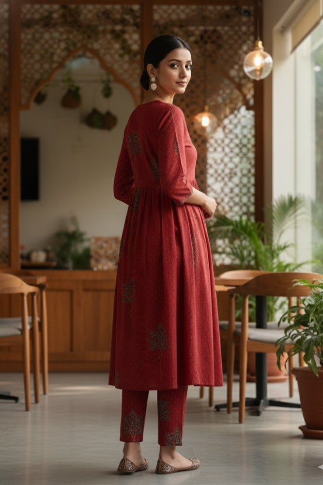 Ekisha's women maroon multicolor floral designer printed cotton co-ord set lounge wear, back side view