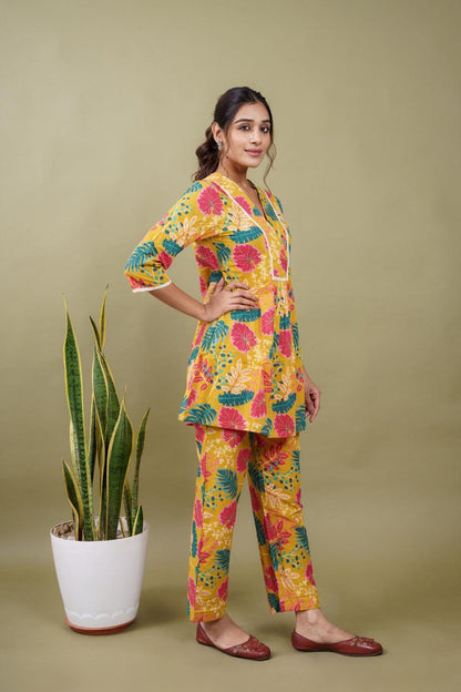Ekisha's women yellow floral printed cotton co-ord set lounge wear - Ekisha