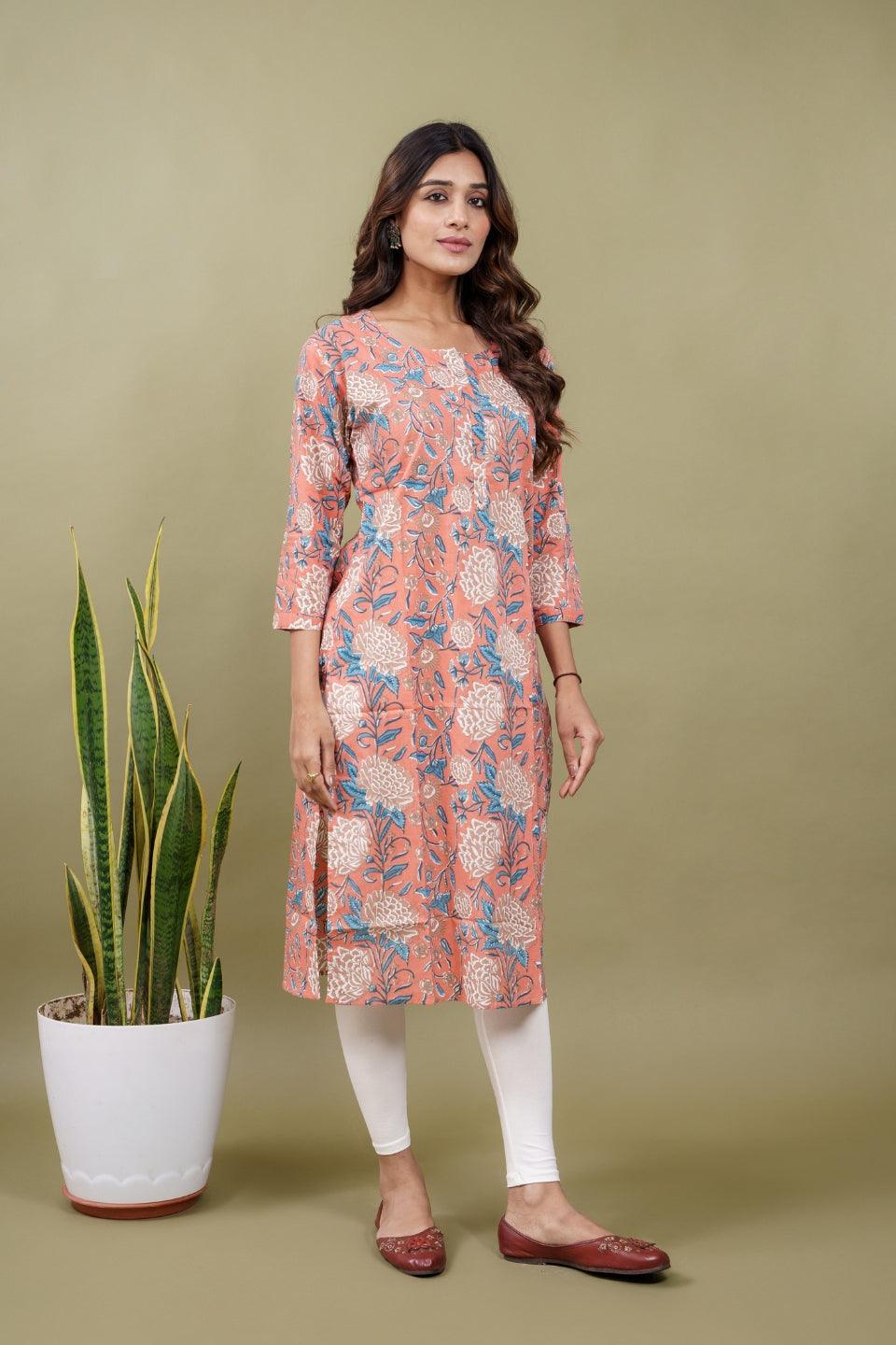 Ekisha women's peach beautiful designer printed multicolor floral printed straight kurta kurti - Ekisha
