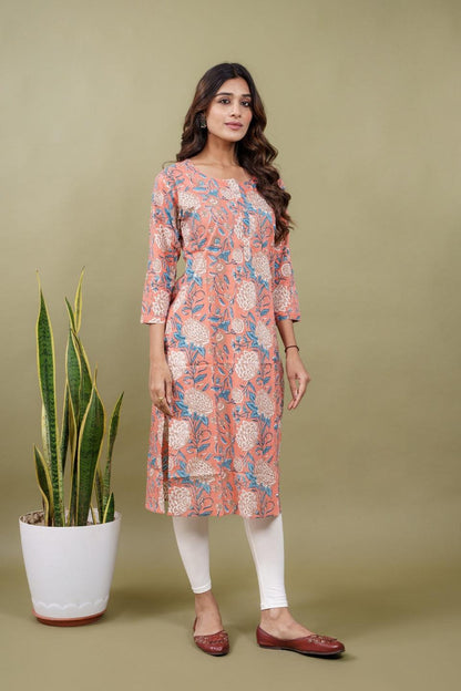 Ekisha women's peach beautiful designer printed multicolor floral printed straight kurta kurti - Ekisha