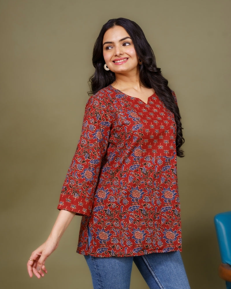 Ekisha's women maroon kalamkari designer printed cotton tunic top short kurti, side view 2