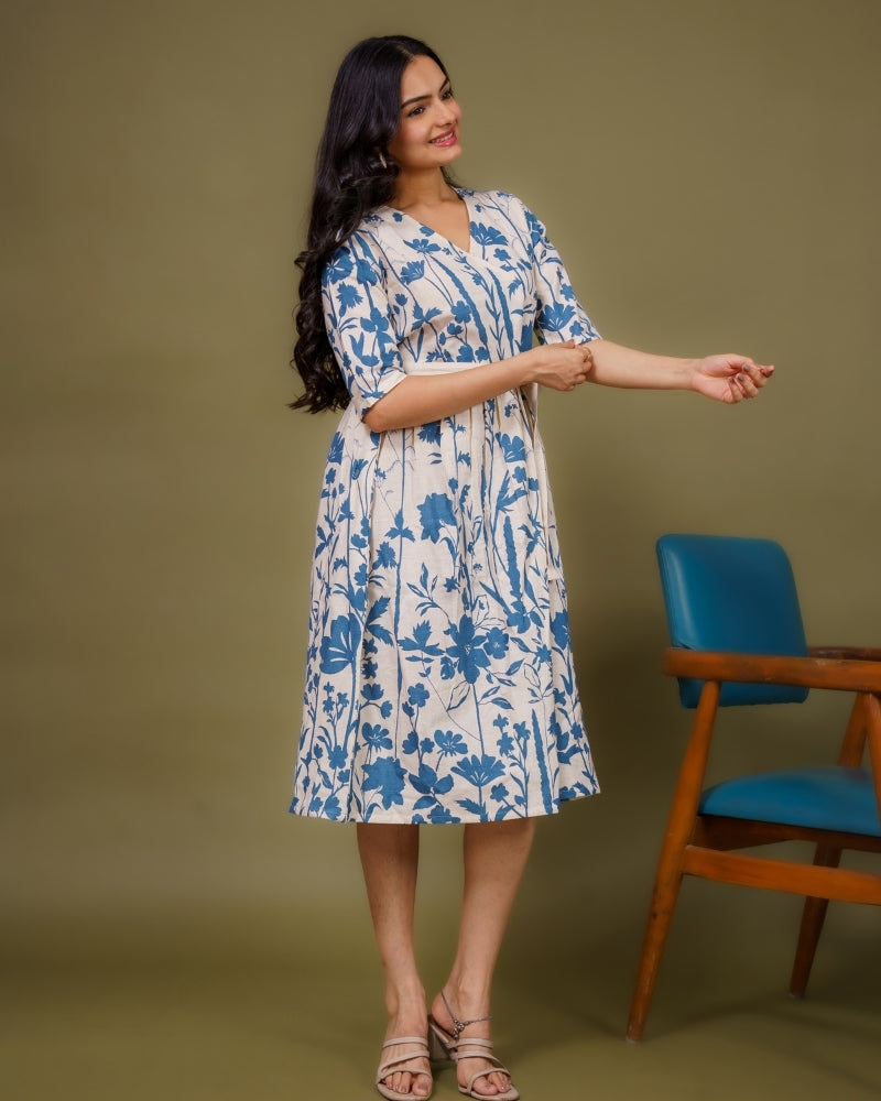 Ekisha's women white blue multicolor floral printed pure cotton midi dress, side view