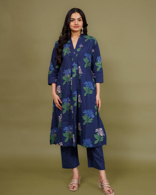 Ekisha's women navy multicolor floral printed cotton co-ord set lounge wear, front view 2