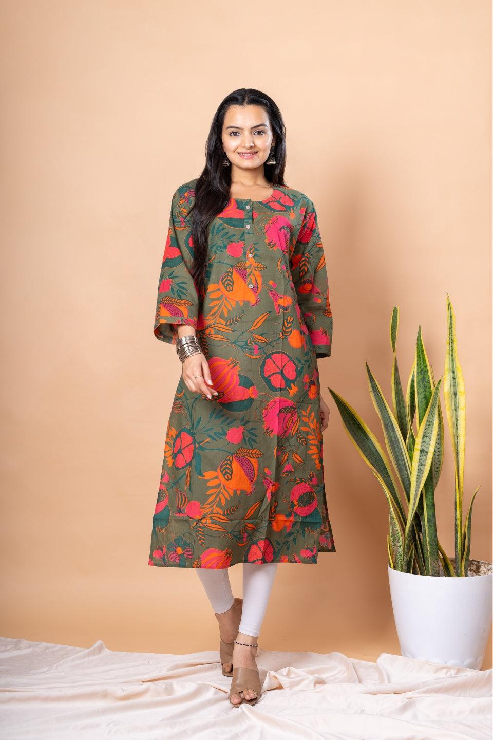 Ekisha women's dark green designer printed multicolor floral printed straight kurta kurti - Ekisha