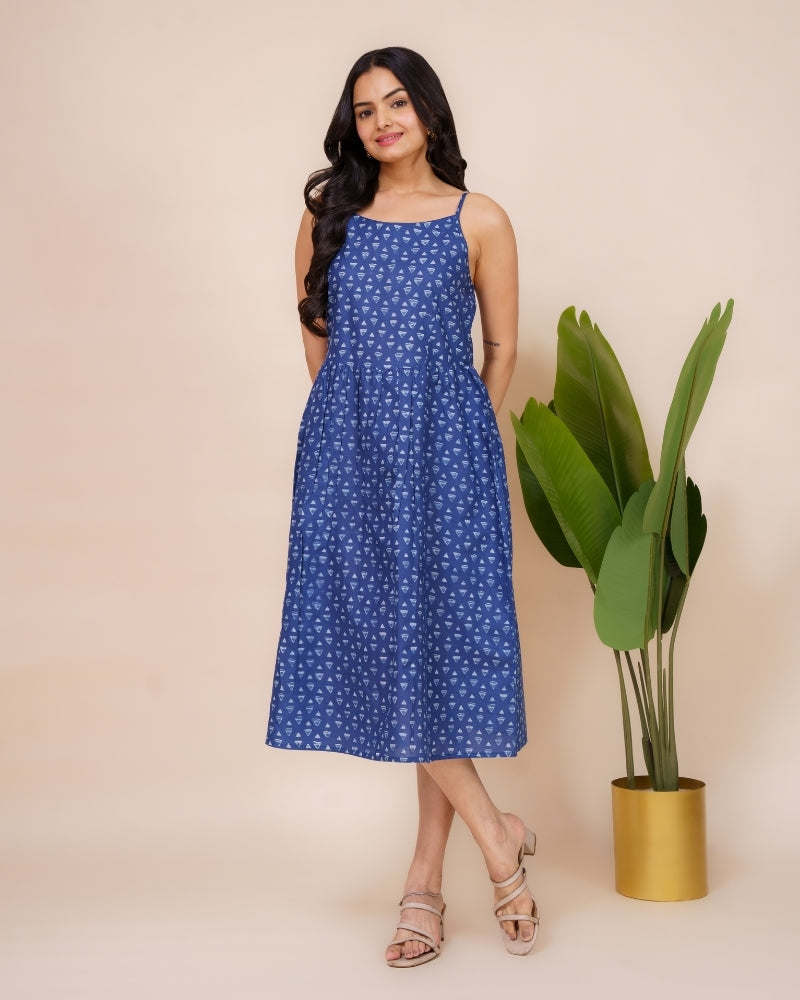 Blue Abstract Printed Sleeveless Cotton Midi Dress for Women – Ekisha