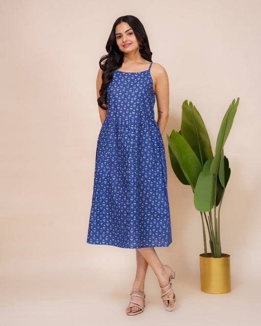 Ekisha's women blue abstract printed sleeveless pure cotton midi dress, front view 2