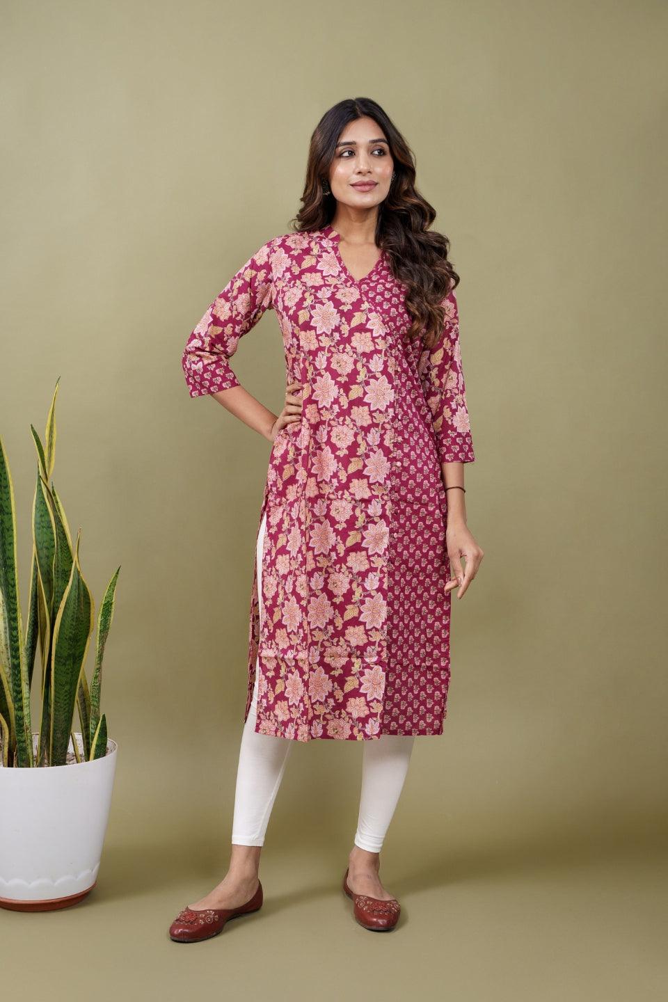 Ekisha women's cotton magenta floral printed angrakha kurta kurti - Ekisha
