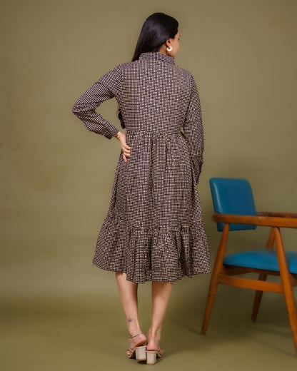 Ekisha's women black checks collared pure cotton midi dress, back view