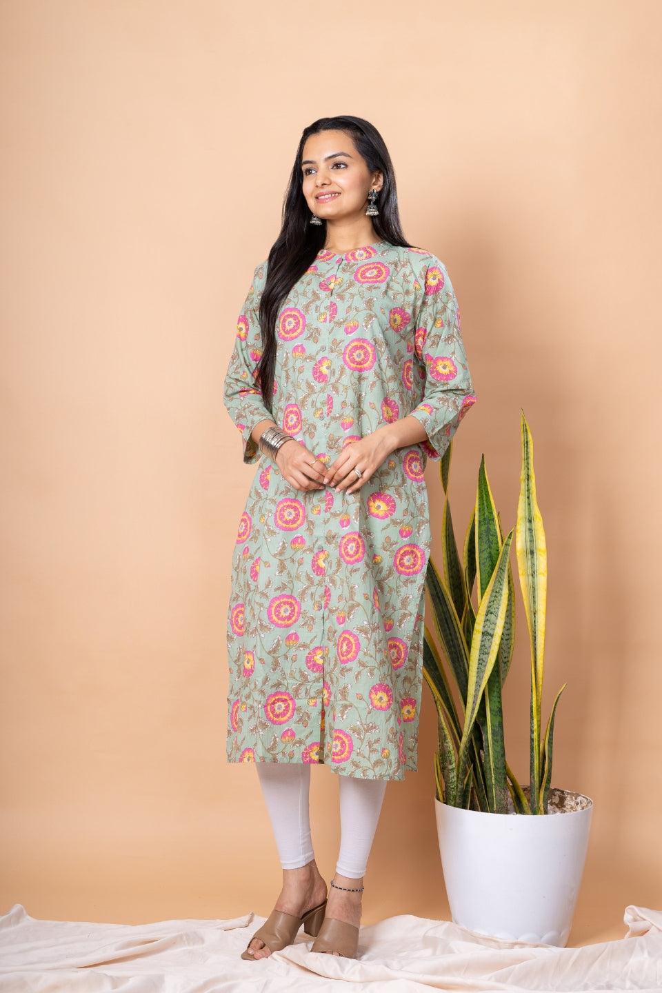 Ekisha women's green rani designer printed multicolor floral printed straight kurta kurti - Ekisha