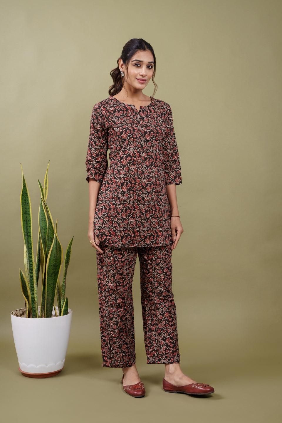 Ekisha's women black kalamkari floral printed cotton co-ord set lounge wear - Ekisha