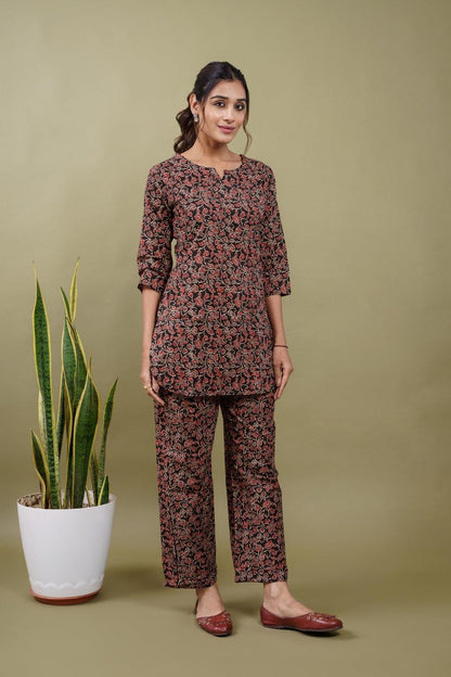 Ekisha's women black kalamkari floral printed cotton co-ord set lounge wear - Ekisha