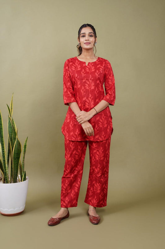 Ekisha's women red floral printed cotton co-ord set lounge wear - Ekisha
