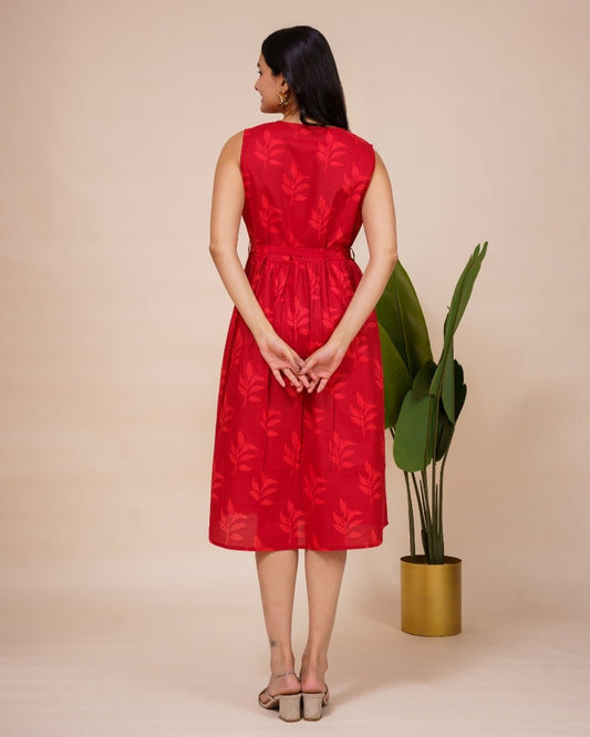 Ekisha's women red printed sleeveless pure cotton midi dress, back view