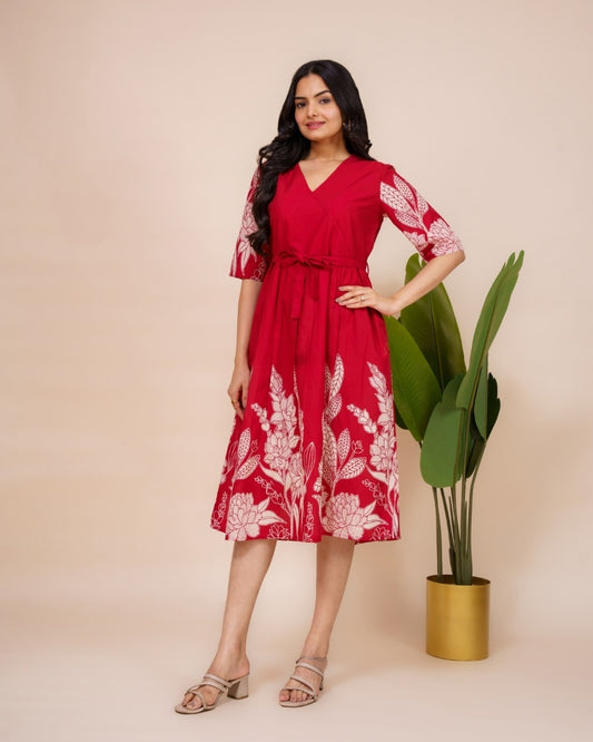 Ekisha's women red floral panel printed V neck pure cotton midi dress, front view 2