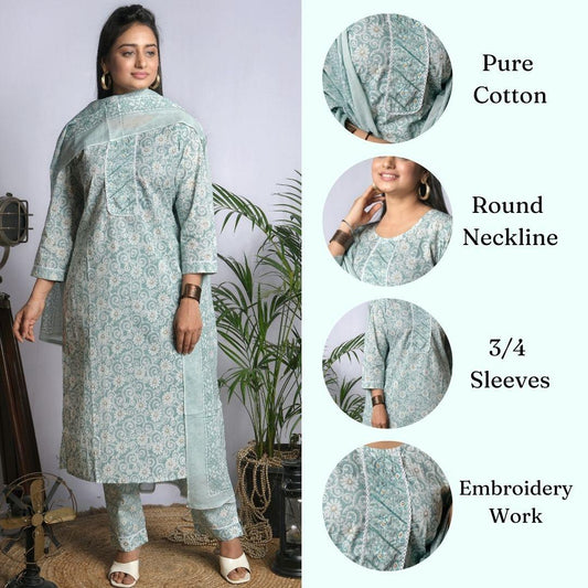 Ekisha's women printed cgreen cotton kurta and pant set with dupatta - Ekisha