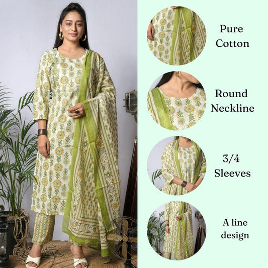Ekisha's women printed white green floral cotton kurta and pant set with dupatta - Ekisha