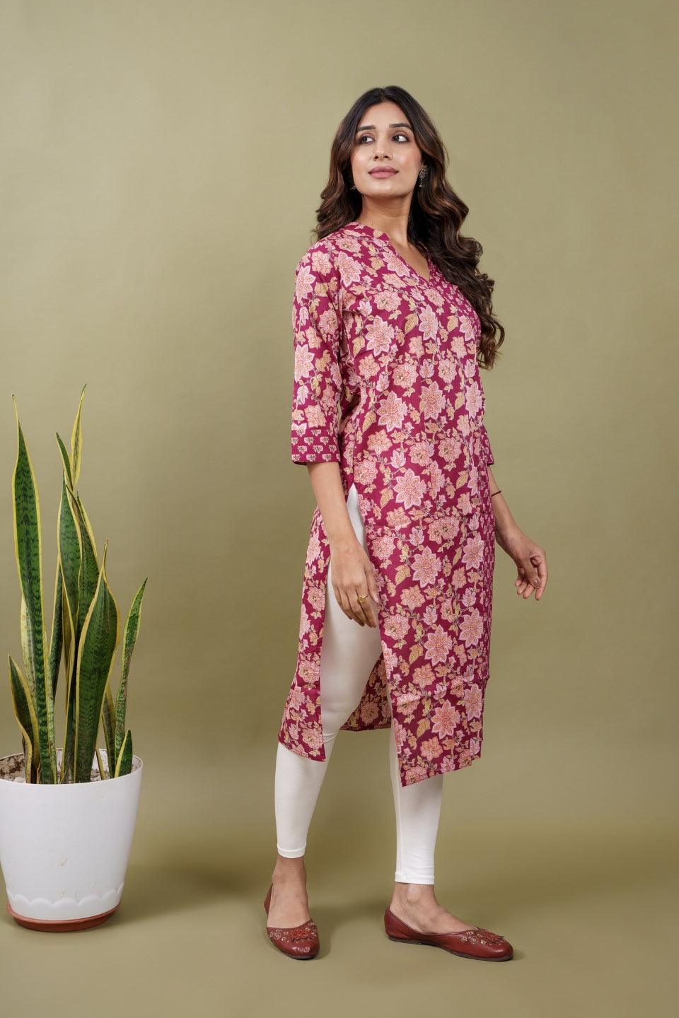 Ekisha women's cotton magenta floral printed angrakha kurta kurti - Ekisha