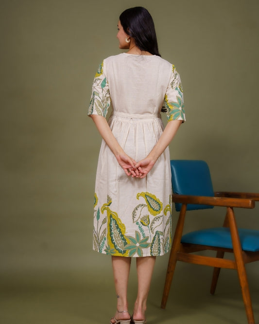 Ekisha's women white multicolor floral printed pure cotton midi dress, back view