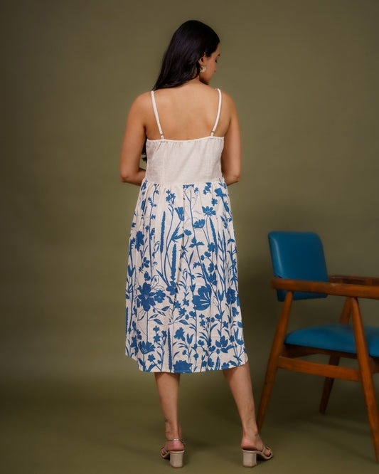Ekisha's women white blue floral printed sleeveless pure cotton midi dress, back view