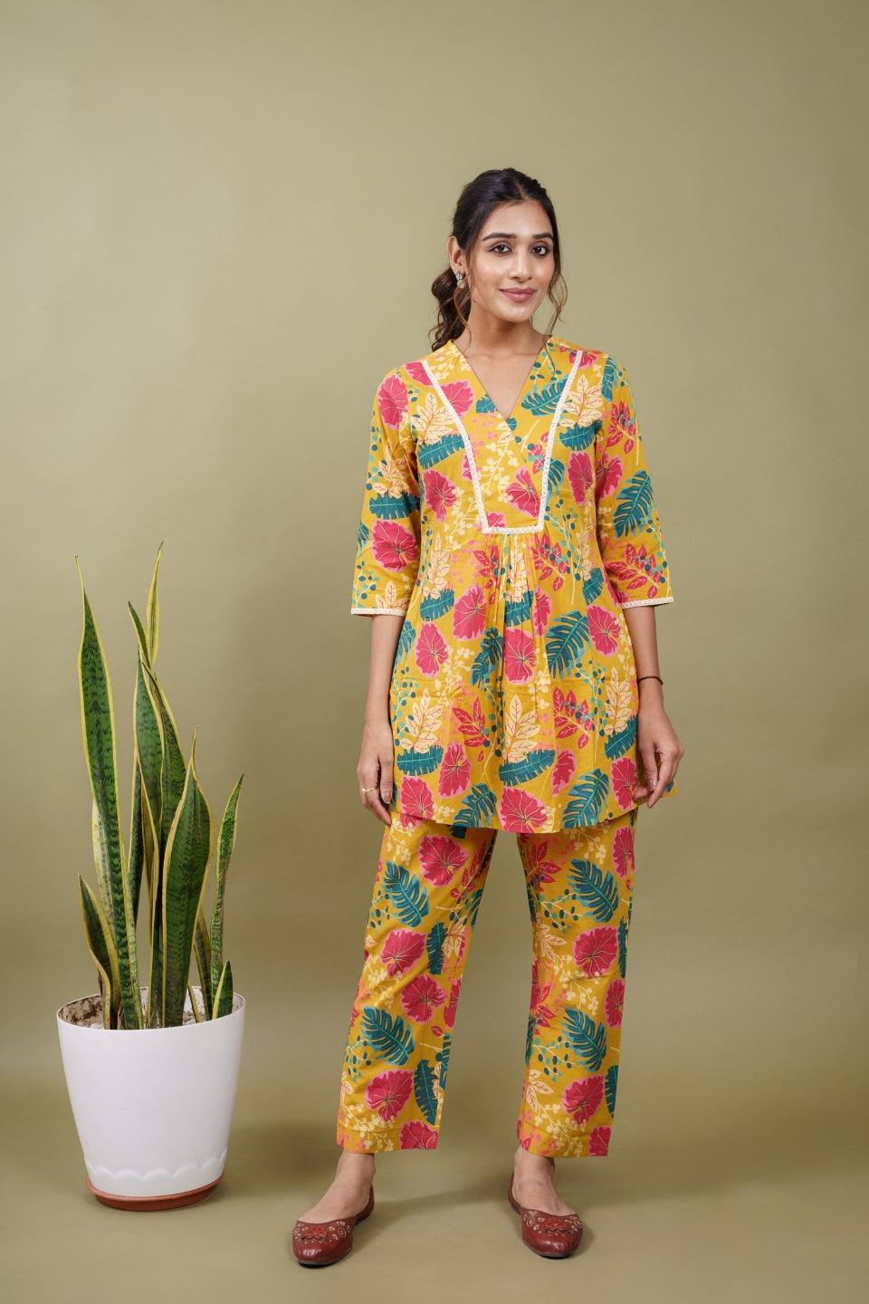 Ekisha's women yellow floral printed cotton co-ord set lounge wear - Ekisha
