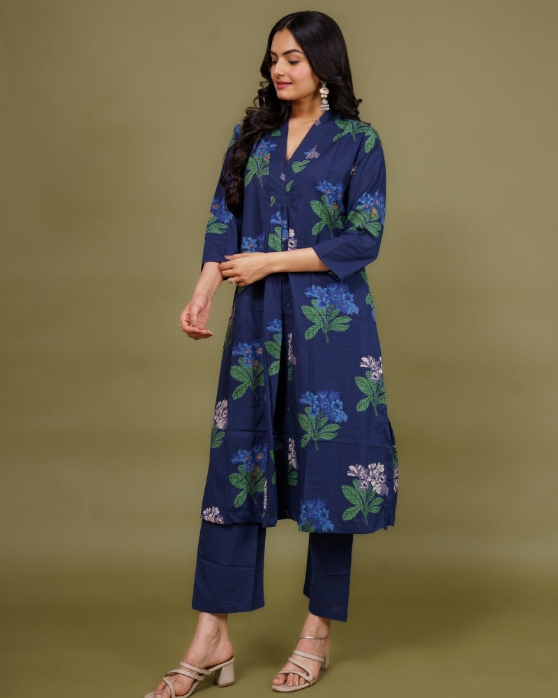 Ekisha's women navy multicolor floral printed cotton co-ord set lounge wear, side view