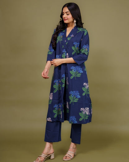 Ekisha's women navy multicolor floral printed cotton co-ord set lounge wear, side view