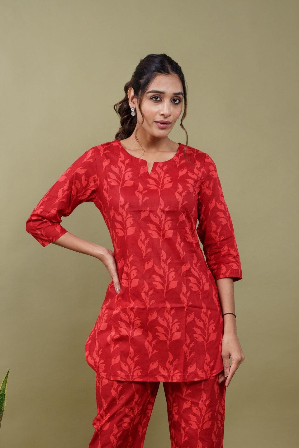 Ekisha's women red floral printed cotton co-ord set lounge wear - Ekisha
