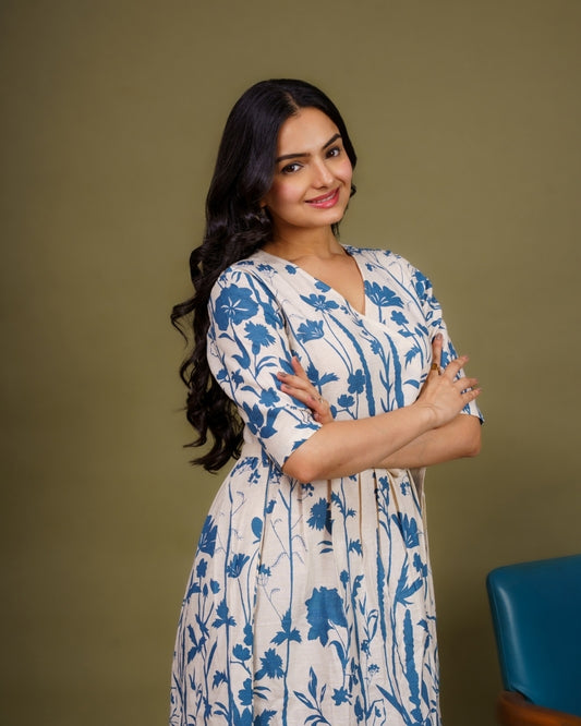 Ekisha's women white blue multicolor floral printed pure cotton midi dress, detailed view