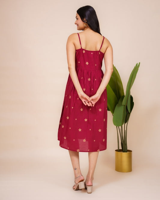 Ekisha's women dark wine floral printed sleeveless pure cotton midi dress, back view