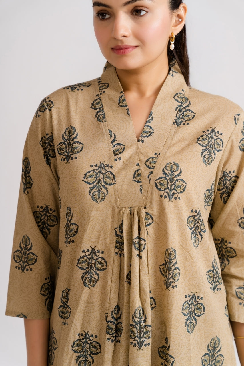 Women wearing beige A-line kurti with black buta block print and matching palazzo – Ekisha