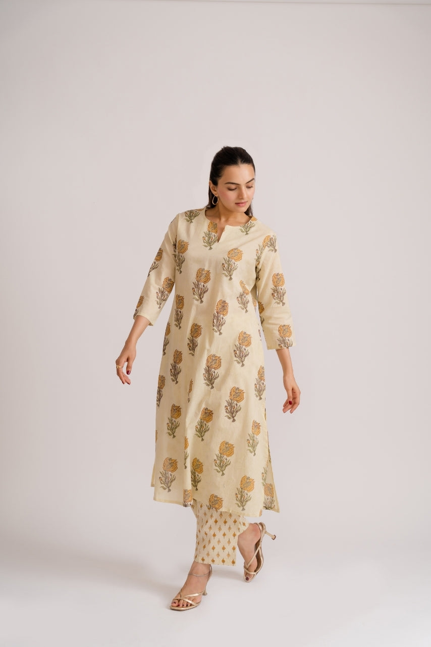 Cream mustard floral buta block print cotton coord set full front view – Ekisha