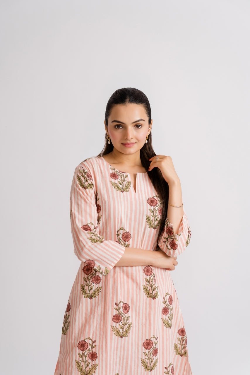 Peach stripe marigold buta block print cotton coord set full front view – Ekisha