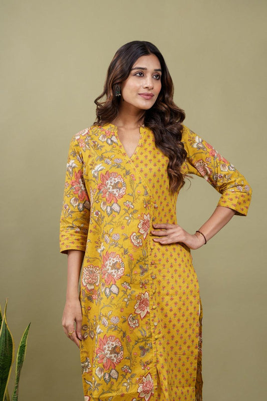 Ekisha women's cotton yellow floral printed angrakha kurta kurti - Ekisha