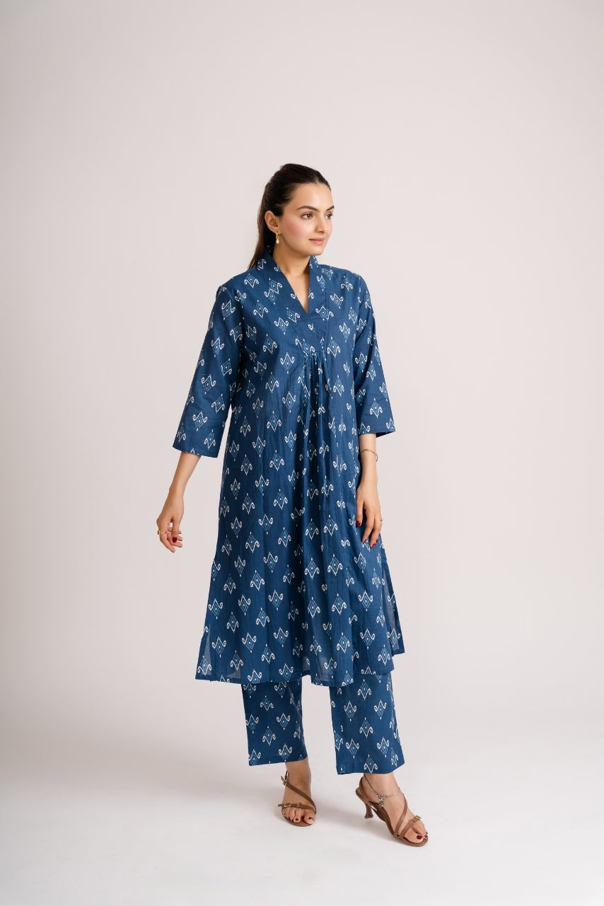 Close-up of white ikat diamond motif on indigo blue cotton coord set – Ekisha