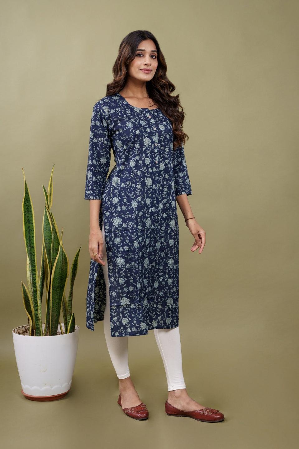 Ekisha women's blue beautiful designer printed multicolor floral printed straight kurta kurti - Ekisha