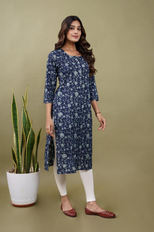 Ekisha women's blue beautiful designer printed multicolor floral printed straight kurta kurti - Ekisha