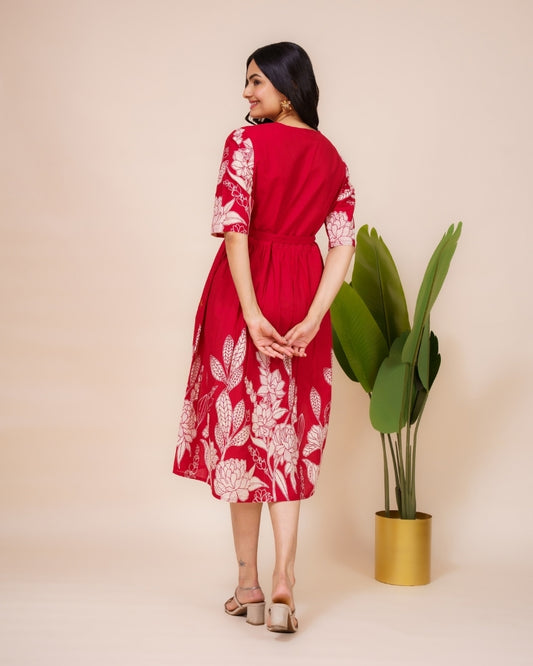 Ekisha's women red floral panel printed V neck pure cotton midi dress, back view