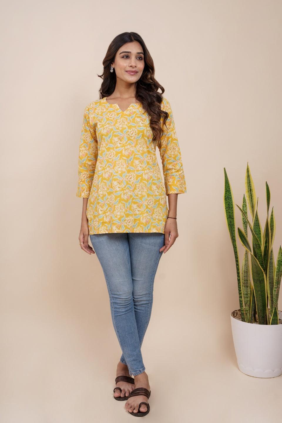 Ekisha's women yellow beautiful designer floral printed cotton tunic top short kurti - Ekisha