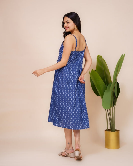 Ekisha's women blue abstract printed sleeveless pure cotton midi dress, back view