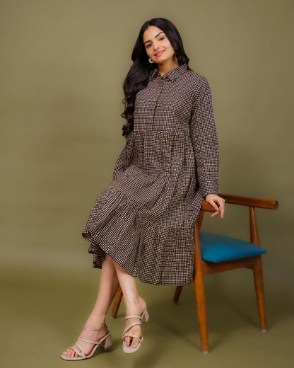 Ekisha's women black checks collared pure cotton midi dress, front view 4