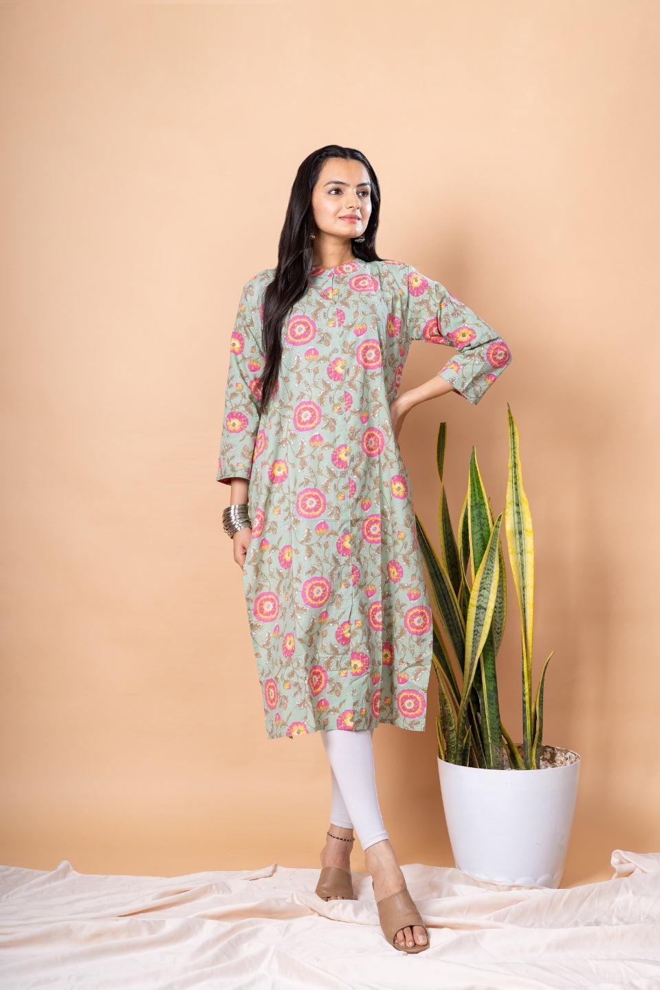 Ekisha women's green rani designer printed multicolor floral printed straight kurta kurti - Ekisha