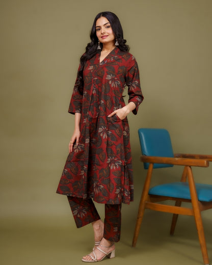 Ekisha's women maroon multicolor floral printed cotton co-ord set lounge wear, side view