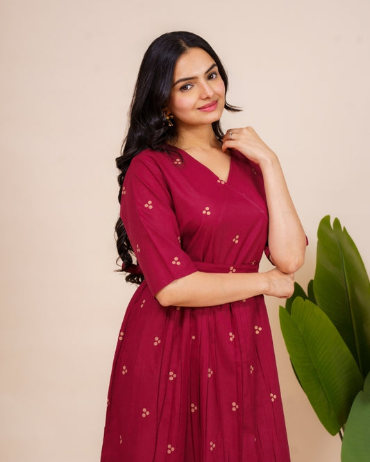 Ekisha's women dark wine printed V neck pure cotton midi dress, side view